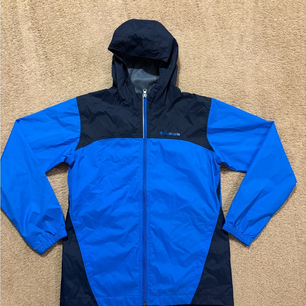 Youth Large Columbia Two-Tone Blue and Navy Windbreaker Rain Jacket, full zip